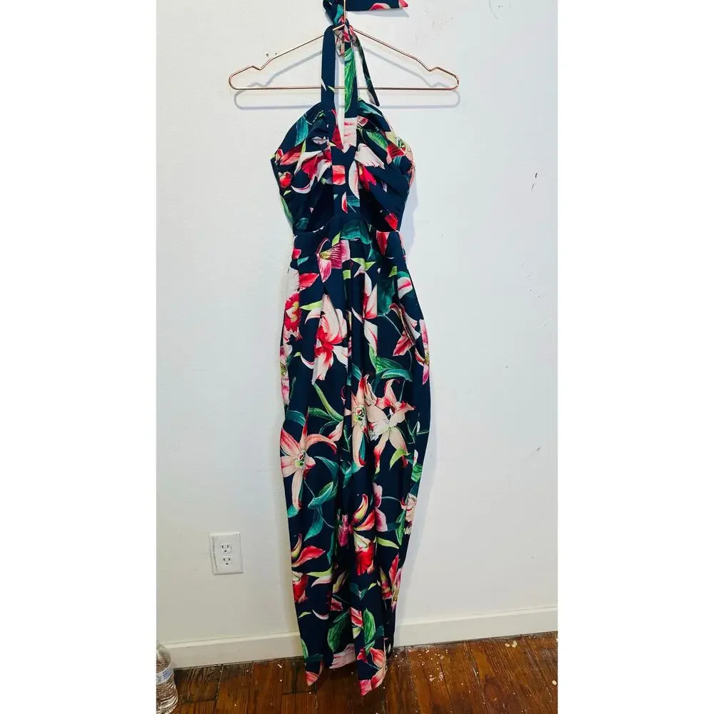 PATBO Navy Blue Floral Halter Neck Center Cut-Out Wide Leg Laelia Jumpsuit US 0 - Picture 3 of 16